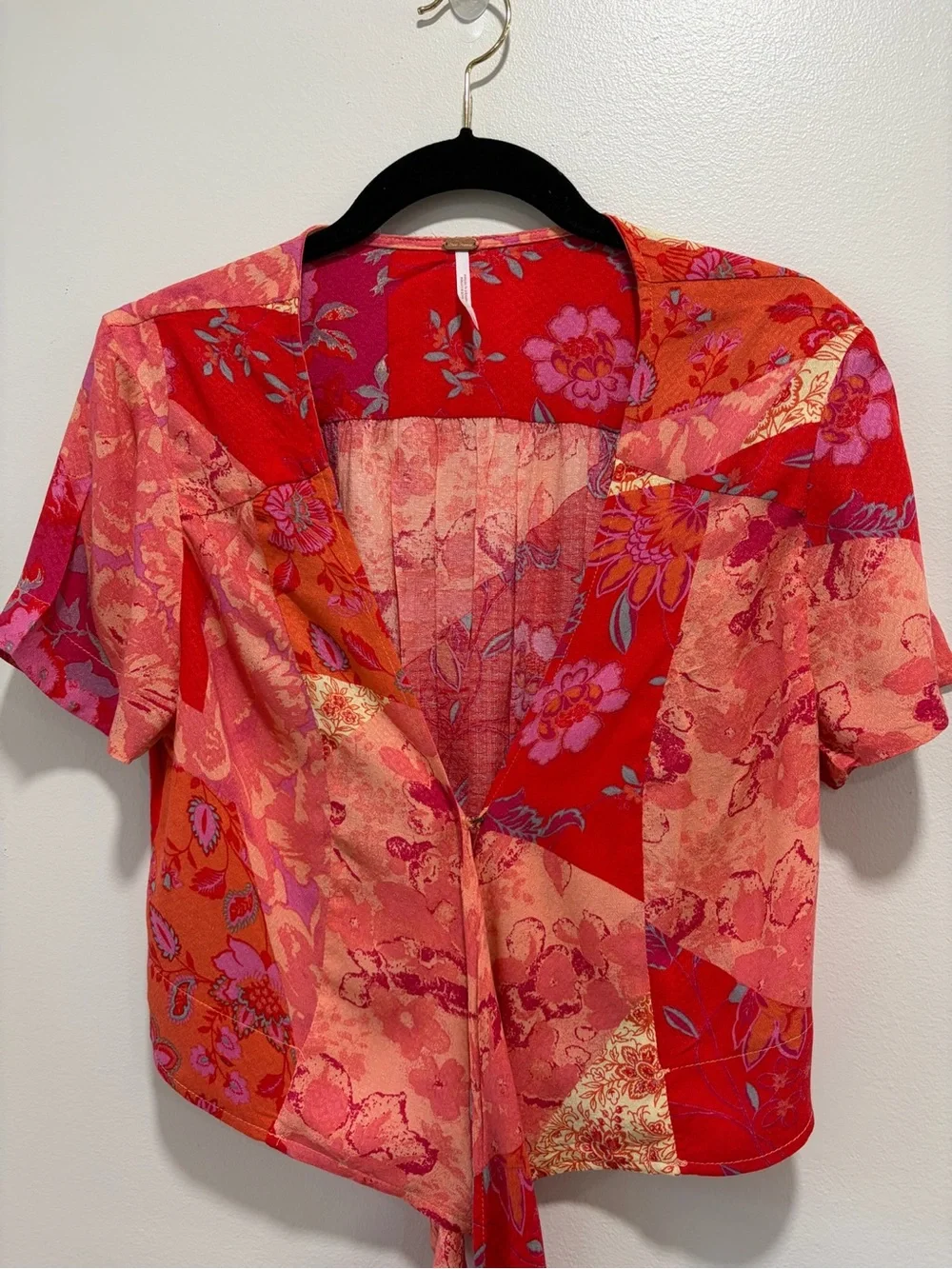 Free People Red Pink Floral Tie-Waist Crop Top #0105